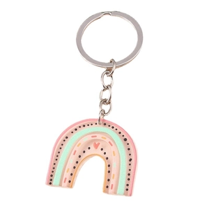 Cute rainbow keychain with macaron colors and heart patterns on a white background