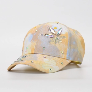 Kids baseball cap featuring colorful floral prints and sparkling rhinestone flower motifs.