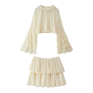 Elegant apricot two-piece set with tiered ruffle long sleeves and layered mini skirt