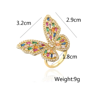 Detailed dimensions of the butterfly ring with colorful cubic zirconia and gold finish