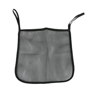Detail of black mesh storage bag with reinforced nylon edges and dual hanging straps