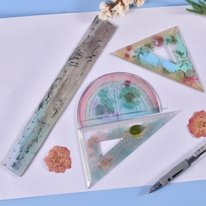 DIY resin stationary mold set with dried flower ruler triangle and protractor design