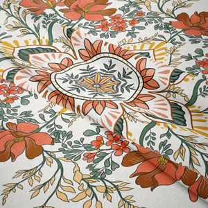 Macro detail of mandala tapestry showing rich textile texture and floral ethnic patterns