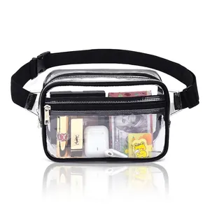 Clear PVC waist bag with adjustable black strap and dual zippered storage compartments