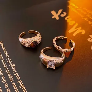Vintage Gold Copper Ring With Zircon And Artificial Tiger Eye Stone Adjustable Open Geometric Jewelry For Women