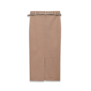 Jupe midi en tricot kaki à taille haute avec ceinture et fente discrète au dos