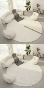 Detail of round minimalist cream rug with abstract golden stripes and short pile texture