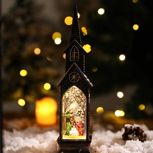 Bronze Christmas church lantern with nativity scene and warm glowing LED lighting
