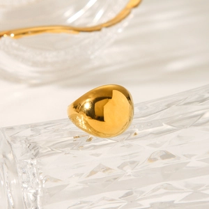 Detailed view of wide gold plated stainless steel ring with a smooth polished finish