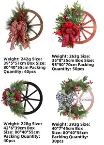 Detail showing four Christmas wooden wheel wreaths with pine cones and plaid bows