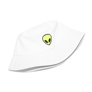 Close-up of bright green alien head embroidery on a white cotton bucket hat