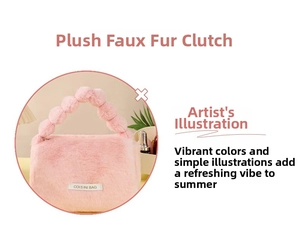 Detail of pink faux rabbit fur handbag featuring decorative bead handle and woven logo tag