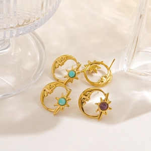 French vintage celestial 14K gold earrings featuring moon, sun and natural stone accents