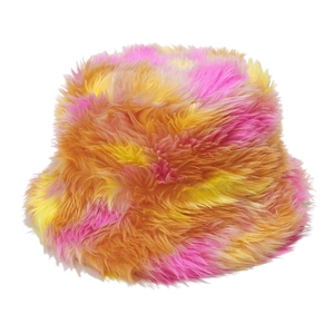 Detailed view of plush rainbow gradient faux fur material on the warm winter bucket hat