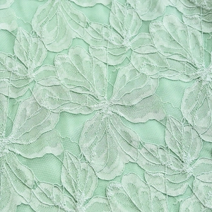 Detailed close-up of mint green lace fabric with hollow out crochet floral patterns