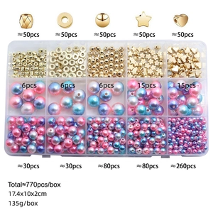 Detailed 15-compartment box layout showing 770pcs DIY beads and gradient pearls with sizes