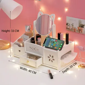 White cat-ear cosmetic organizer with makeup mirror and drawer storage for desktop