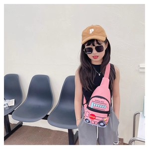 Pink cartoon school bus chest bag for kids with adjustable strap and zipper closure