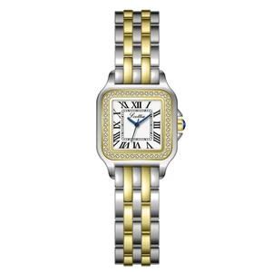 Women Square Quartz Watch Elegant Rhinestone Bezel Roman Numerals Stainless Steel Link Strap Fashion Timepiece