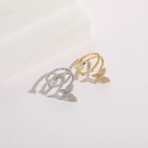 Minimalist 14K gold and silver butterfly rings with sparkling zircon inlay and beaded bands