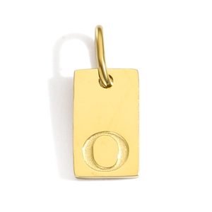 Close-up of 18k gold plated square pendant featuring the engraved letter O with connector