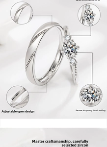 Detail of adjustable couple rings with six-prong setting and secure zircon inlay
