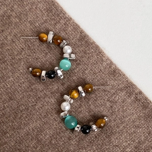 Maillard style C-shaped hoop earrings with cat eye stone and brown tiger eye beads