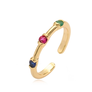 Adjustable gold plated copper ring with red, blue, and green round zircon gemstones