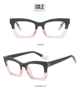 Close-up of retro square frame glasses in black and pink contrasting color design
