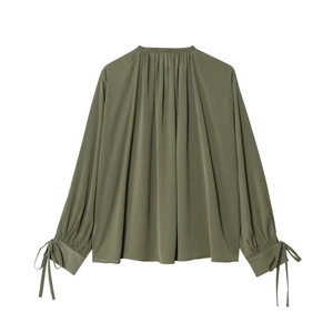 Olive green long sleeve blouse with back pleat detailing and tie cuffs, 2025 autumn style