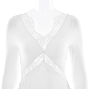 Detail of white V-neck dress featuring delicate lace criss-cross patterns on the chest