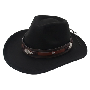 Detail of black felt cowboy hat with leather belt and silver concho metal hardware