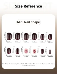 Detailed size chart for mini false nails showing 12 different dimensions and measurements