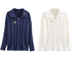Women Cable Knit Sweater Quarter Zip Polo Collar Long Sleeve Pullover Embroidered Casual Elegant Knitwear Top