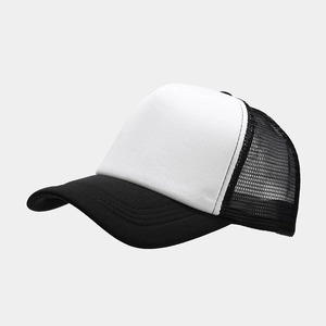 Detail view of black and white trucker hat featuring breathable mesh and curved visor