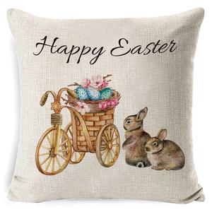 Happy Easter linen pillowcase with watercolor rabbits, tricycle, and colorful eggs
