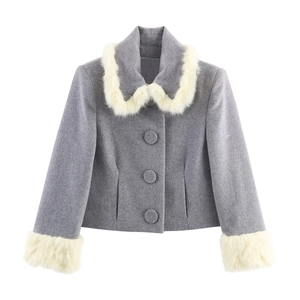 Women Grey Woolen Jacket And Shorts Patchwork Faux Fur Trim Long Sleeve Single Breasted Warm Casual Autumn Outfit