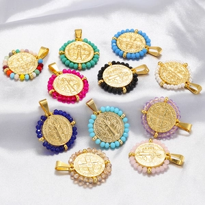 Collana Pendente Medaglia San Benedetto Acciaio Inossidabile Perline Vetro Colorate Gioielli Religiosi Retro Uomo Donna