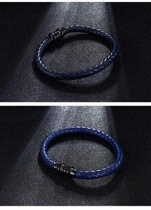 Detailed view of the dark blue braided leather strap and black matte metal clasp