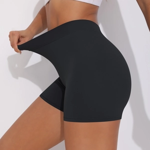 Close-up of high-stretch black compression yoga shorts showing excellent fabric elasticity