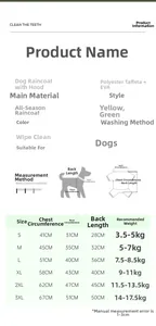 Size guide for waterproof dog raincoat with chest, neck, and back length measurement chart