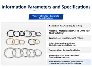 Detailed size chart for nickel-plated metal binder rings in various diameters and colors