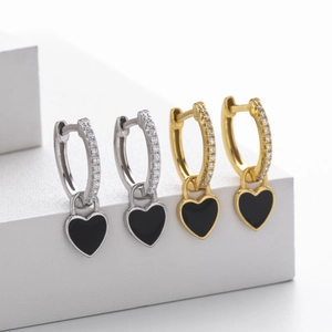 Minimalist 925 sterling silver heart hoop earrings in gold and silver finish with black enamel