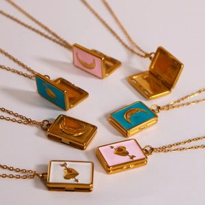 Golden moon and heart book pendant necklace with colorful enamel on stainless steel chain