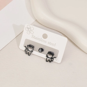 Set di 3 orecchini in acciaio inossidabile nero con gatti e borchie in zircone