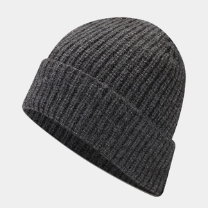 Detailed view of dark grey ribbed knit beanie with thick folded cuff and texture