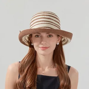 Women's wide brim striped straw sun hat for beach vacations and outdoor protection