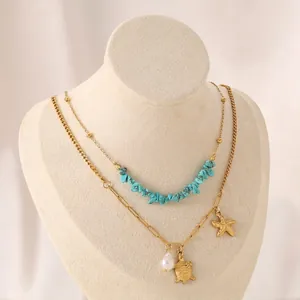 Bohemian double-layer necklace with turquoise, starfish, turtle pendants and pearls
