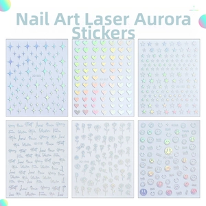Detailed set of laser holographic nail art stickers with stars, hearts and flowers