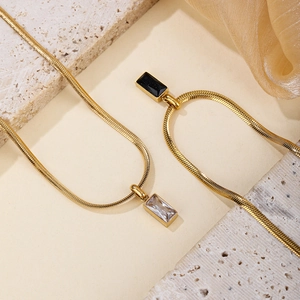 18K gold plated snake chain necklaces with emerald cut black and clear crystal pendants
